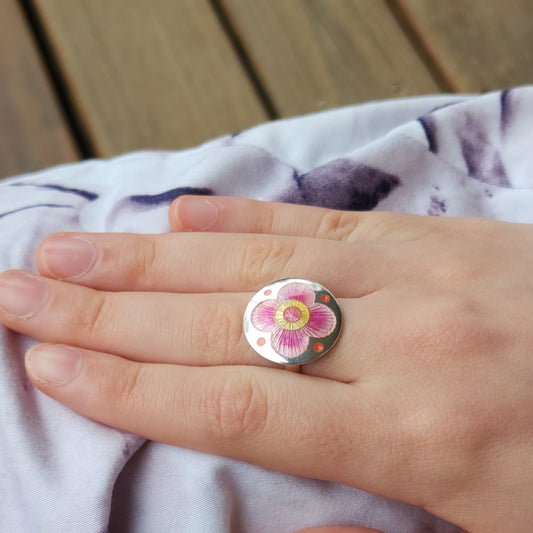 Champleve Enamel Silver Ring Cherry Blossom