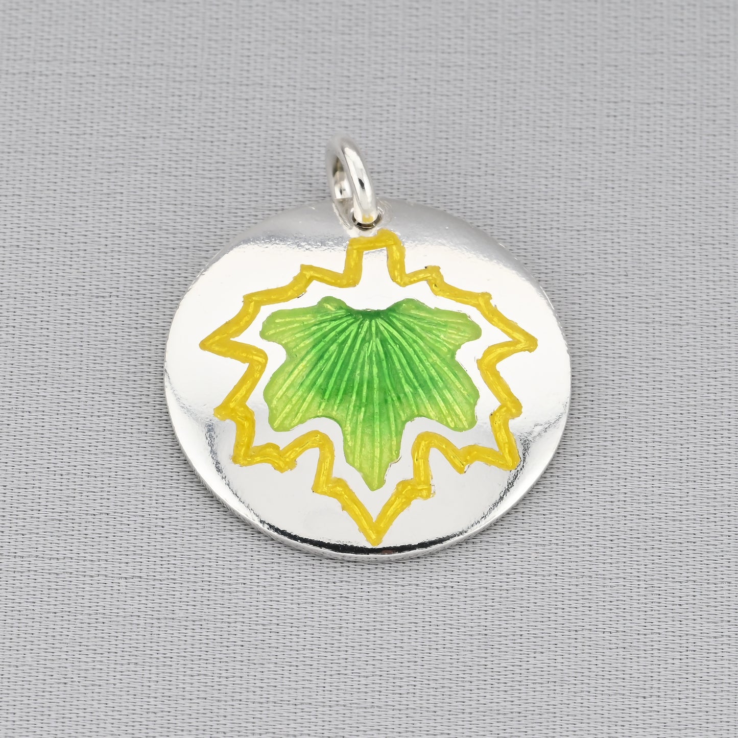 Green Maple Leaf Champleve Enamel Silver Pendant