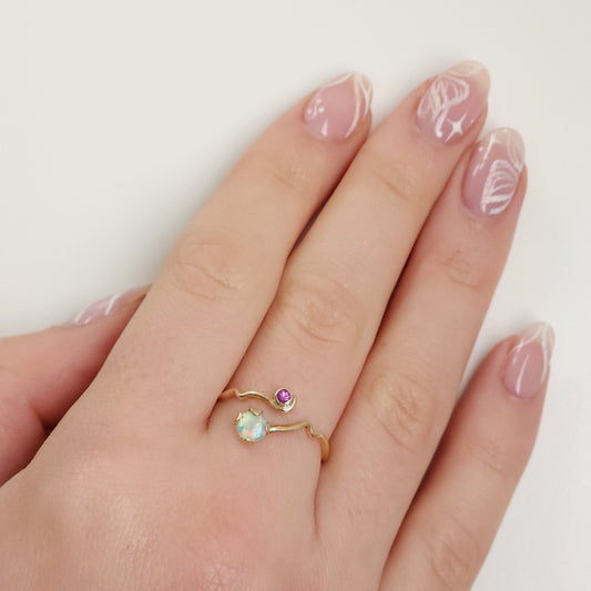 Crystal Opal Wavy Gold Ring with Pink Sapphire