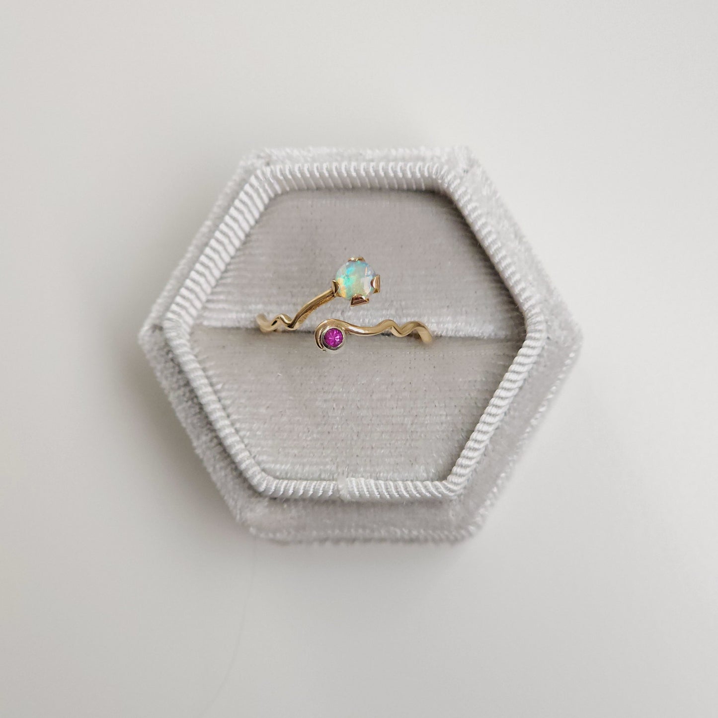 Crystal Opal Wavy Gold Ring with Pink Sapphire