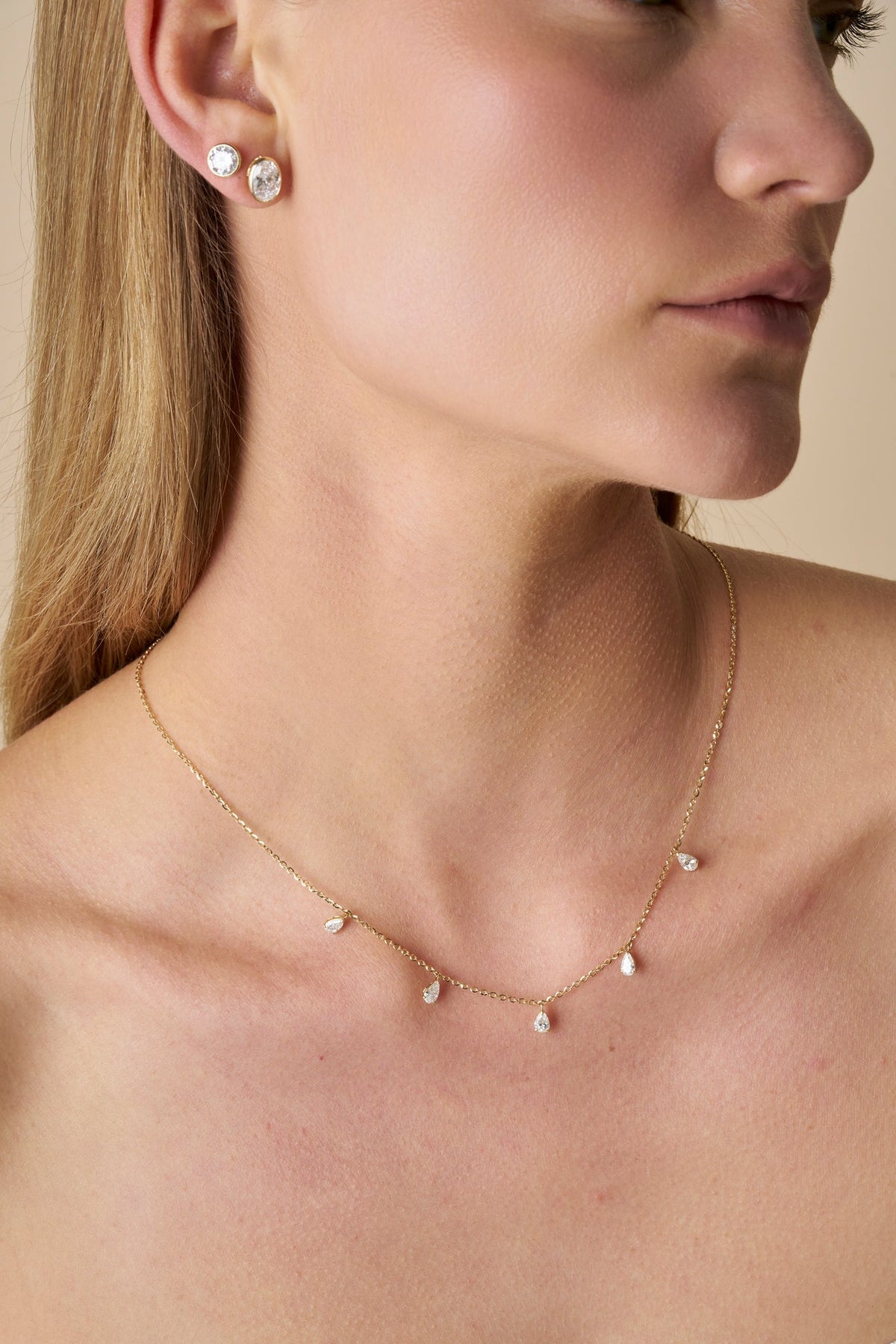 1.4ct Hanging Pear Station Necklace Solid 18ct Yellow Gold Lab Grown Diamonds — side view