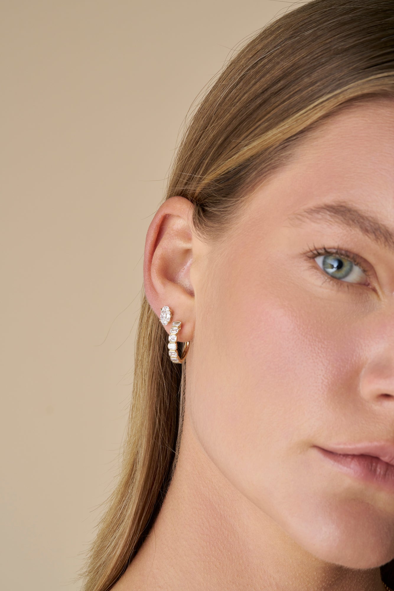 1.9ct Emerald Bezel Hoop Earrings Solid 9ct Yellow Gold Lab Grown Diamonds — side view