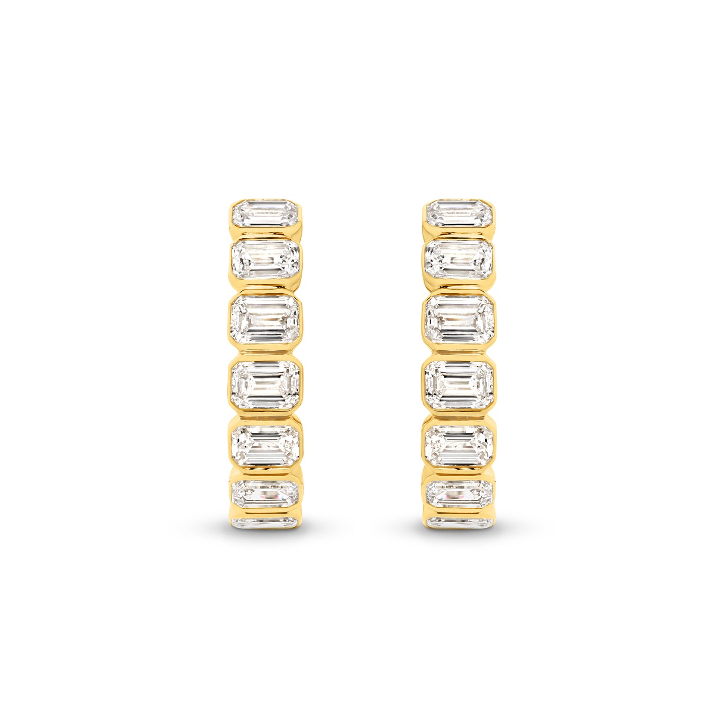 1.9ct Emerald Bezel Hoop Earrings Solid 9ct Yellow Gold Lab Grown Diamonds — top view