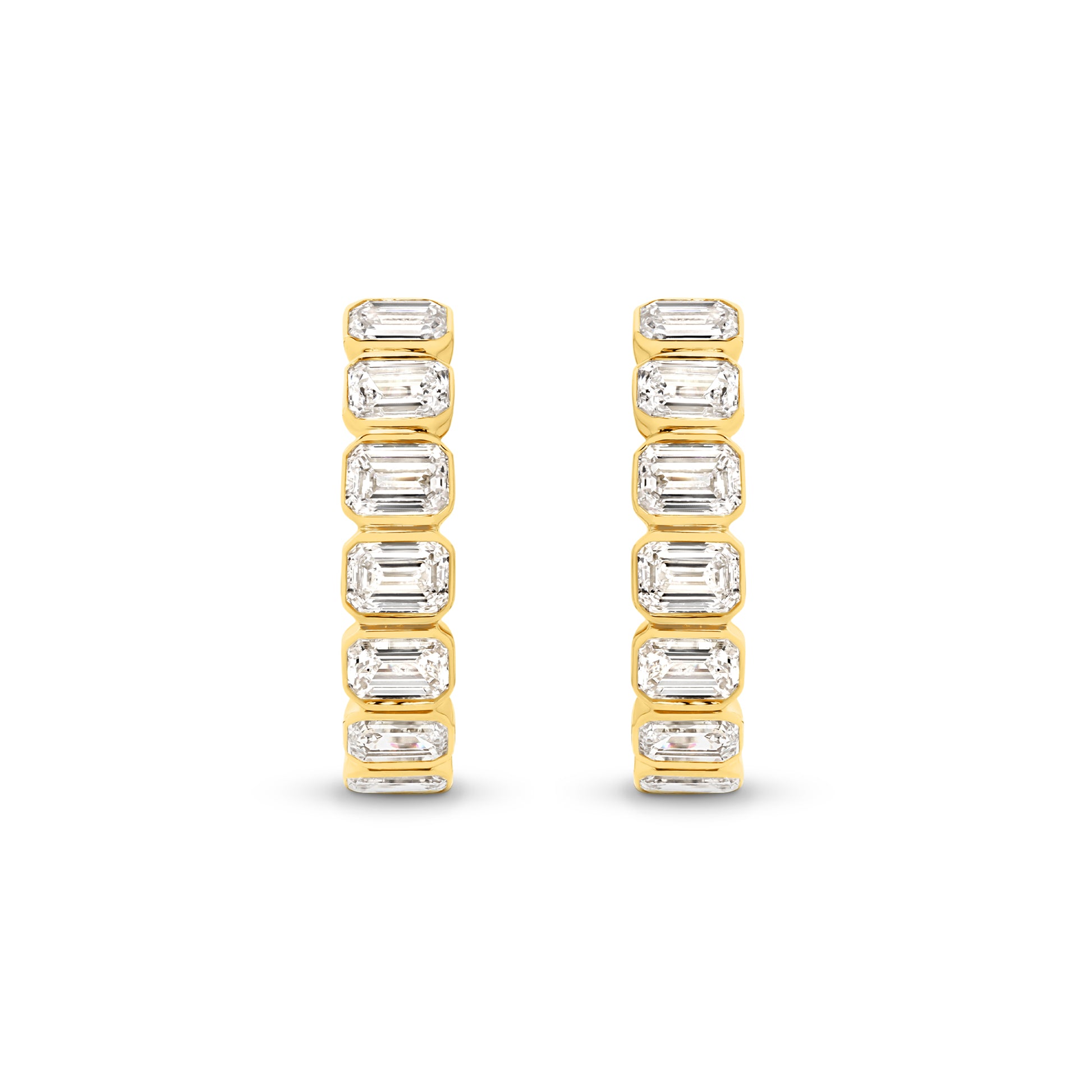 1.9ct Emerald Bezel Hoop Earrings Solid 9ct Yellow Gold Lab Grown Diamonds — top view