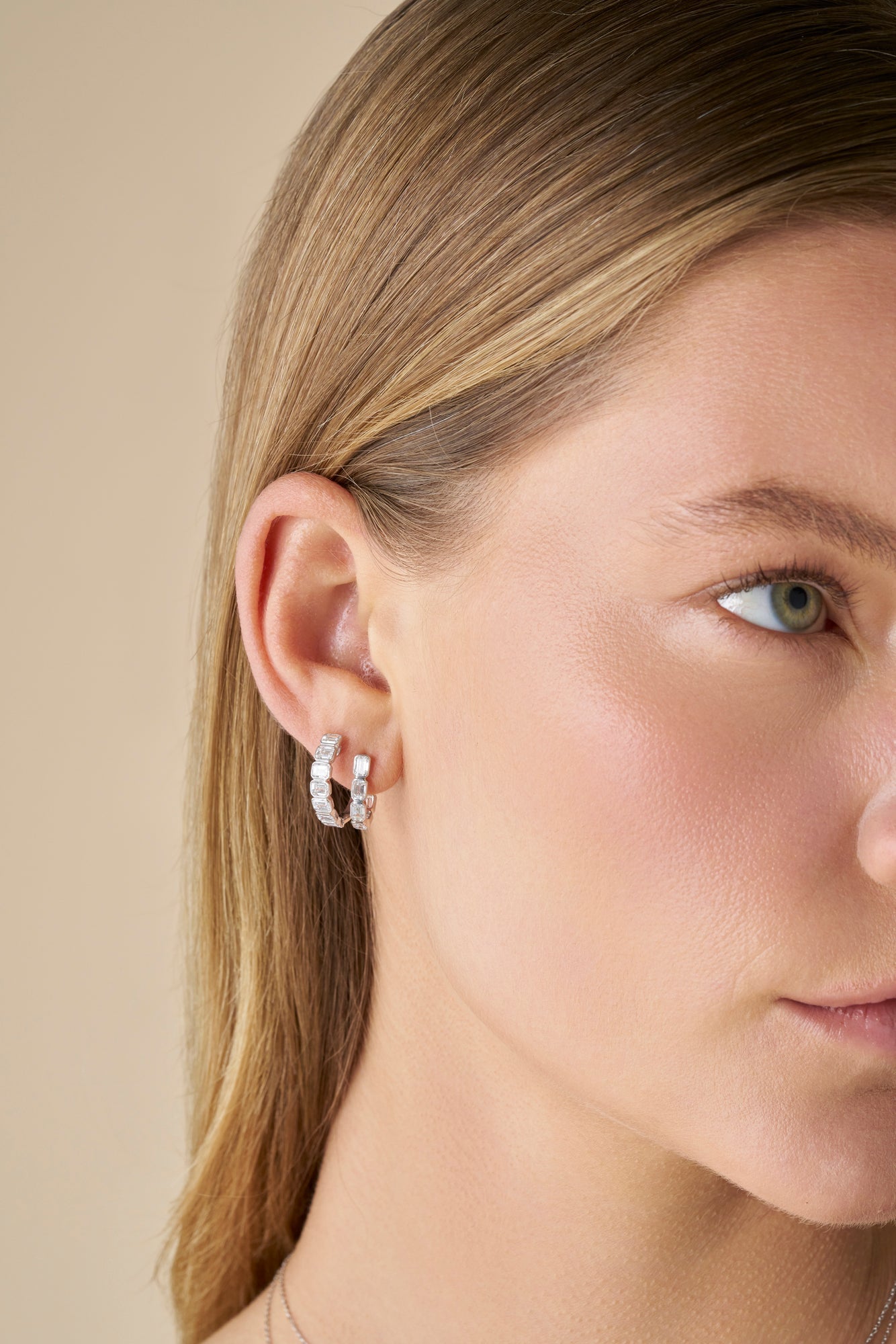 1.9ct Emerald Bezel Hoop Earrings Solid 9ct White Gold Lab Grown Diamonds — side view