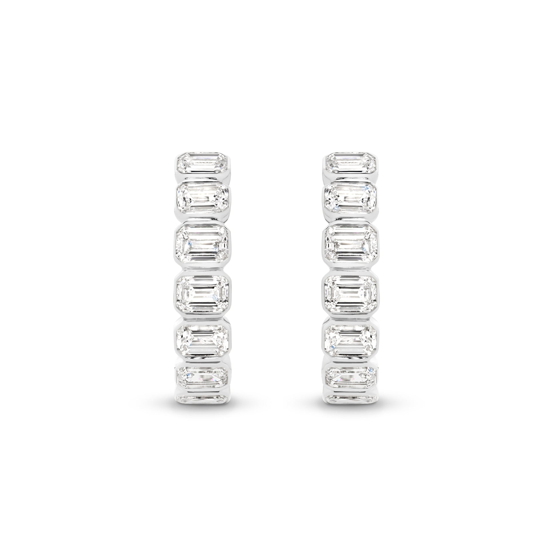 1.9ct Emerald Bezel Hoop Earrings Solid 9ct White Gold Lab Grown Diamonds — top view