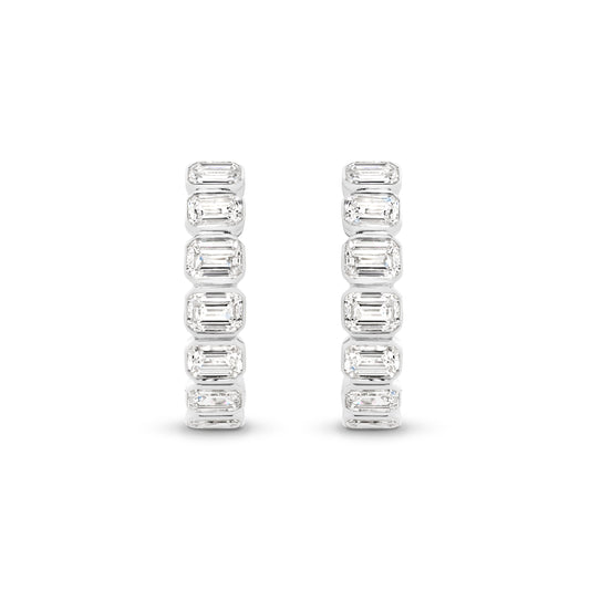 1.9ct Emerald Bezel Hoop Earrings Solid 9ct White Gold Lab Grown Diamonds — top view