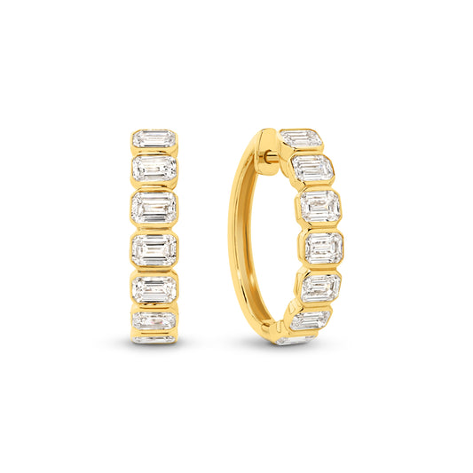 1.9ct Emerald Bezel Hoop Earrings Solid 9ct Yellow Gold Lab Grown Diamonds — main view