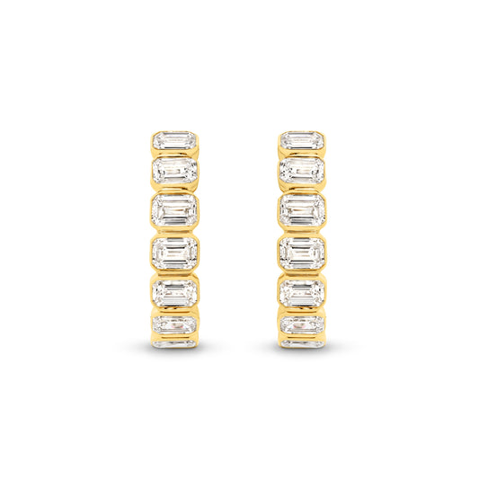 1.9ct Emerald Bezel Hoop Earrings Solid 9ct Yellow Gold Lab Grown Diamonds — top view