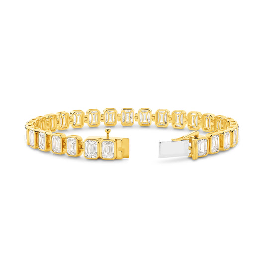 15ct Emerald Bezel Tennis Bracelet Solid 9ct Yellow Gold Lab Grown Diamonds — top view