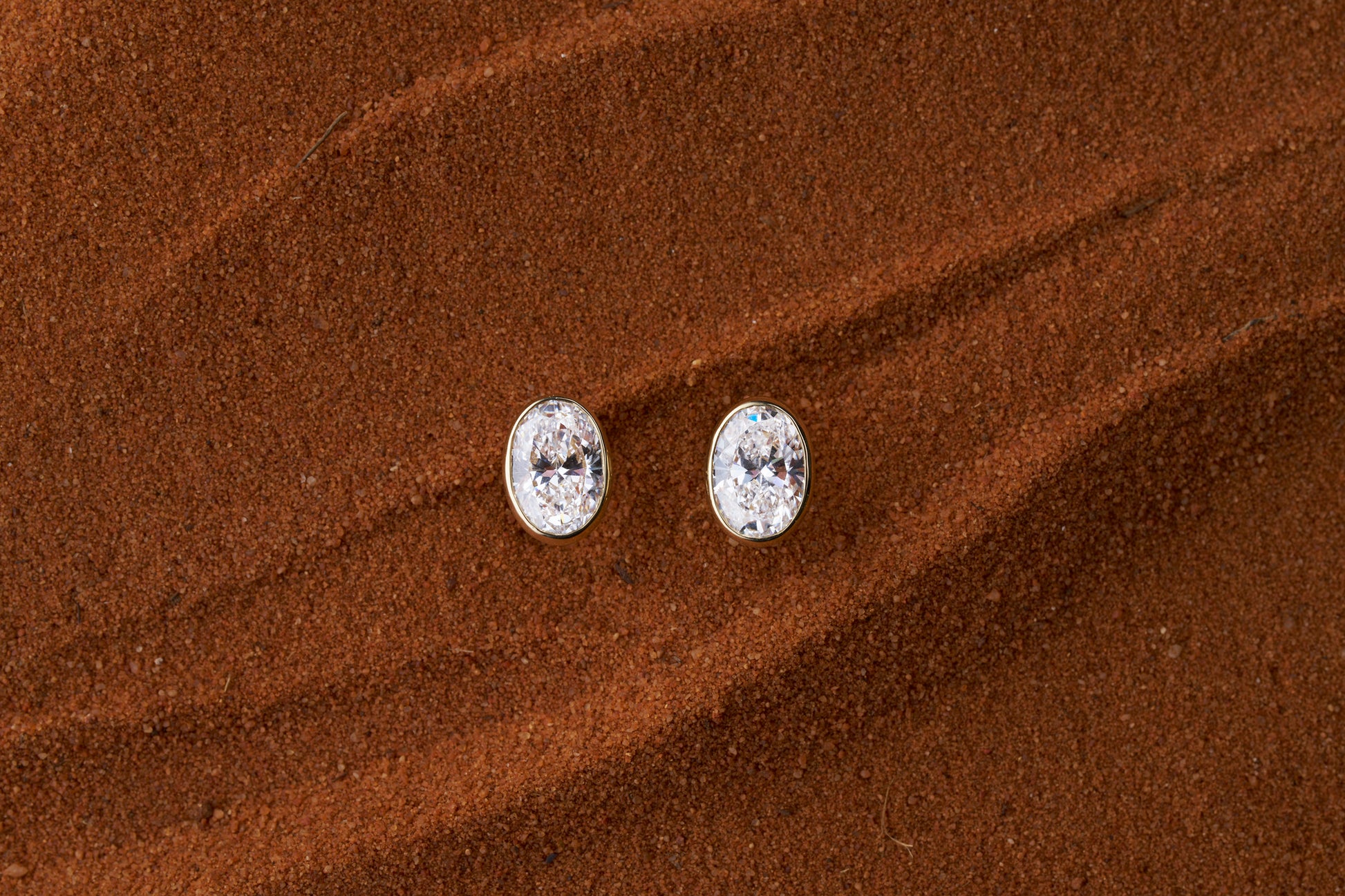 2.8ct Oval Bezel Stud Earrings Solid Yellow Gold Lab Grown Diamonds — front view