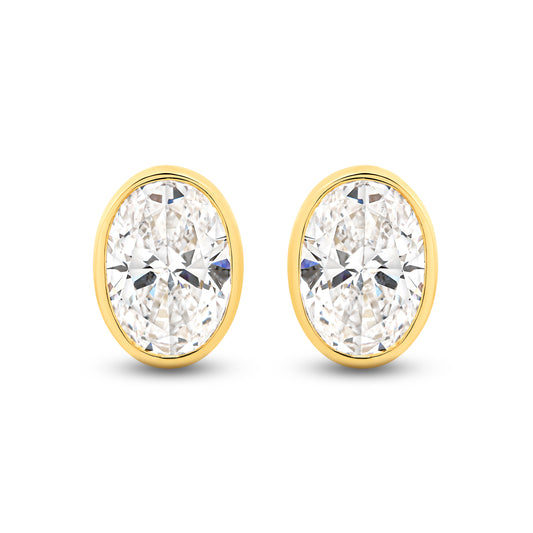 2.8ct Oval Bezel Stud Earrings Solid Yellow Gold Lab Grown Diamonds — top view