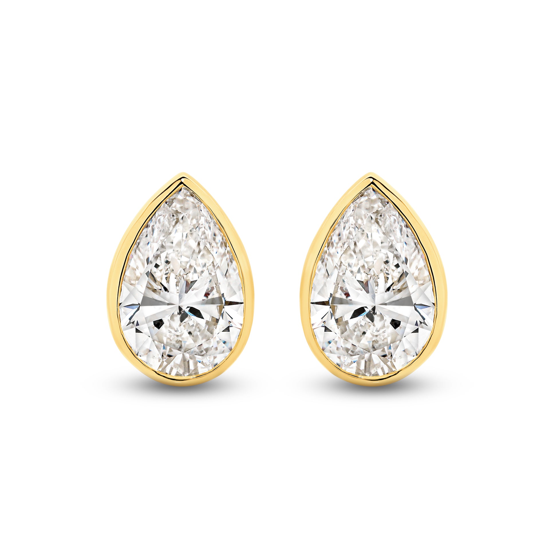 2.9ct Pear Bezel Stud Earrings Solid Yellow Gold Lab Grown Diamonds — top view
