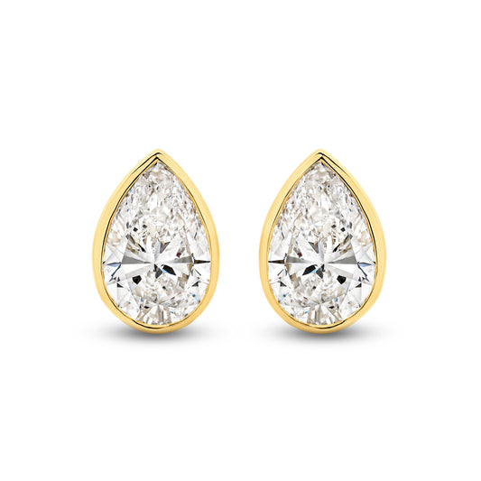 2.9ct Pear Bezel Stud Earrings Solid Yellow Gold Lab Grown Diamonds — top view