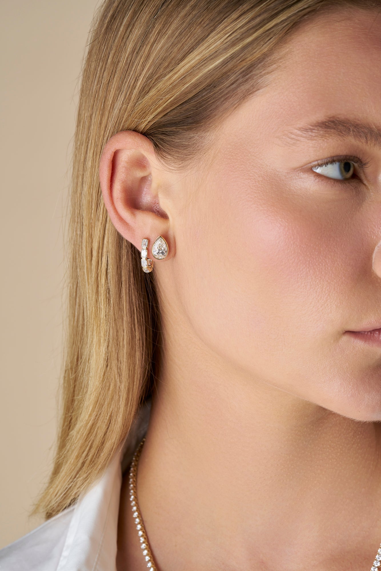 2.9ct Pear Bezel Stud Earrings Solid Yellow Gold Lab Grown Diamonds — side view