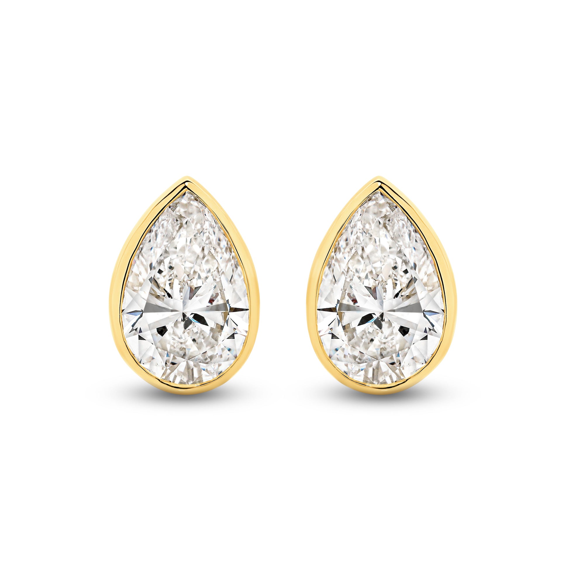 2.9ct Pear Bezel Stud Earrings Solid Yellow Gold Lab Grown Diamonds — top view