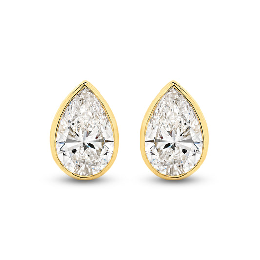 2.9ct Pear Bezel Stud Earrings Solid Yellow Gold Lab Grown Diamonds — top view