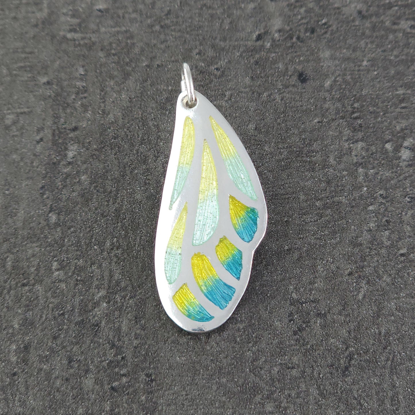 Butterfly Wing Yellow Aqua Champleve Silver Pendant