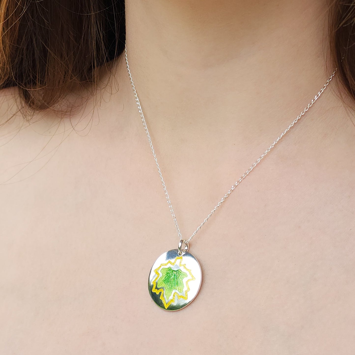 Green Maple Leaf Champleve Enamel Silver Pendant