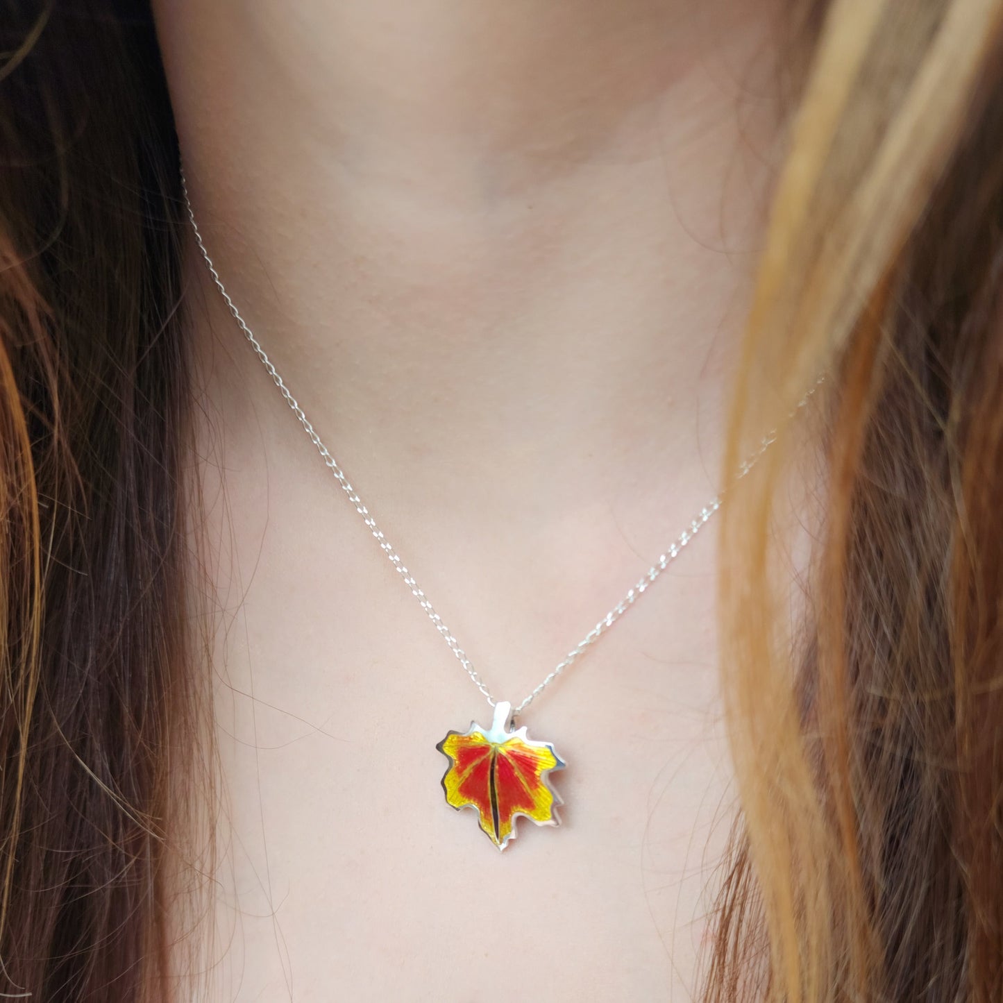 Maple Leaf Champleve & Cloisonne Silver Pendant