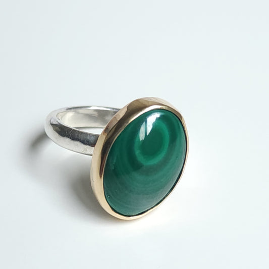Silver and Gold Malachite Ring, One of the kind, Handmade in Australia
