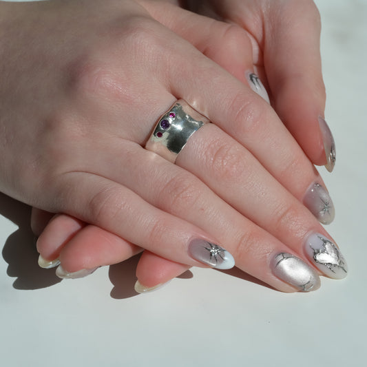 Band - Melted Silver Ring purple sapphire and rubies