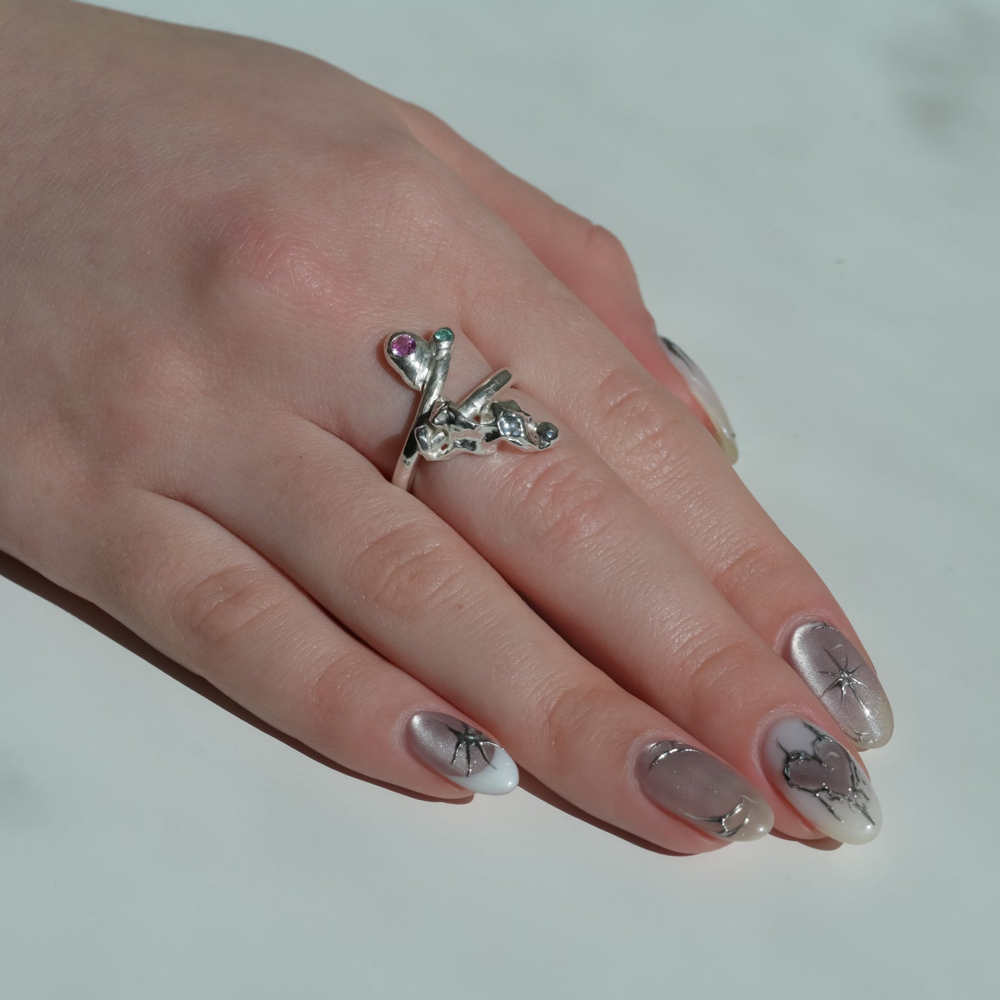 Butterfly Ring Pink Sapphire Paraiba Garnet Melted Silver