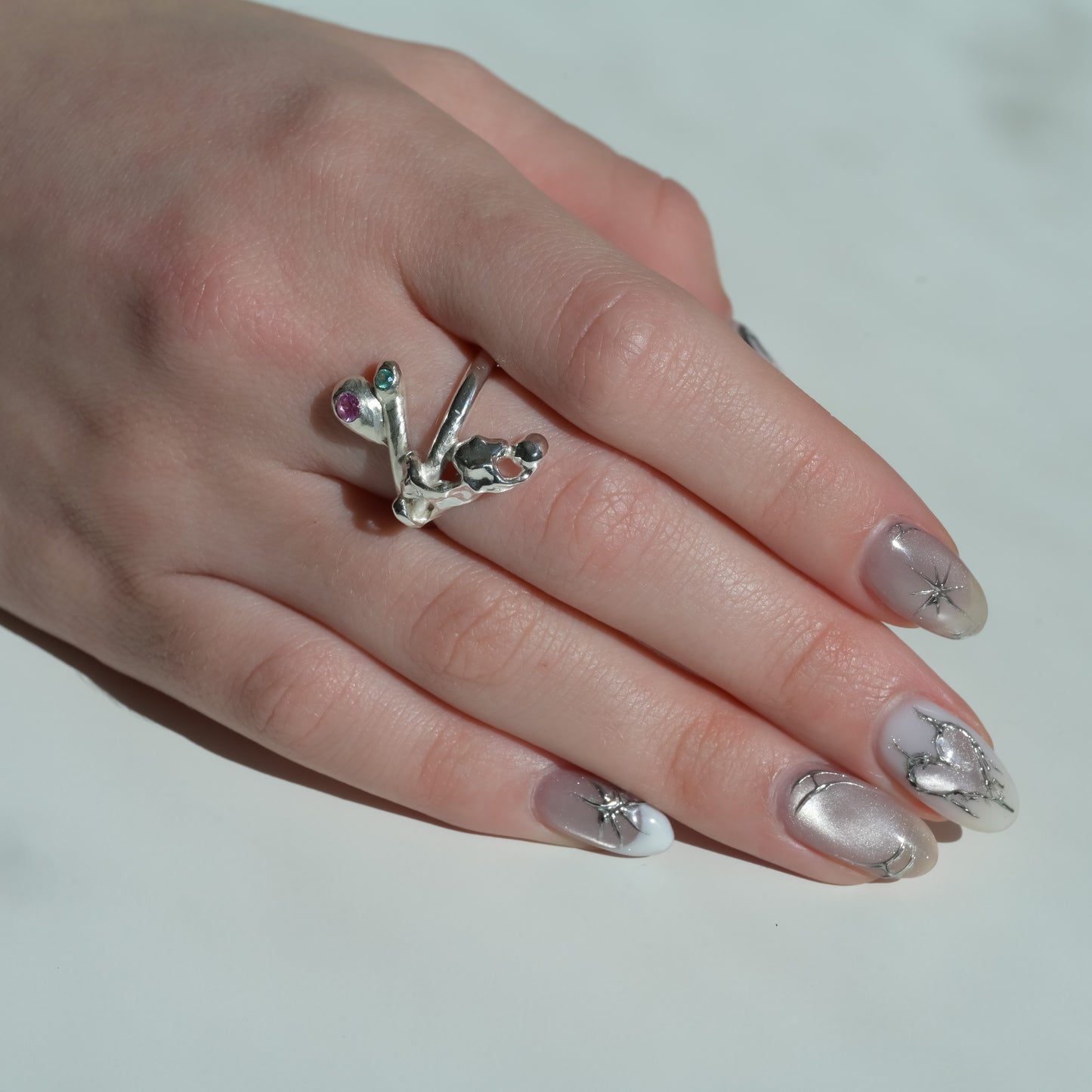 Butterfly Ring Pink Sapphire Paraiba Garnet Melted Silver