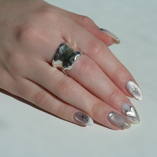 Melted Silver Ring with sapphires and diamond Ocean
