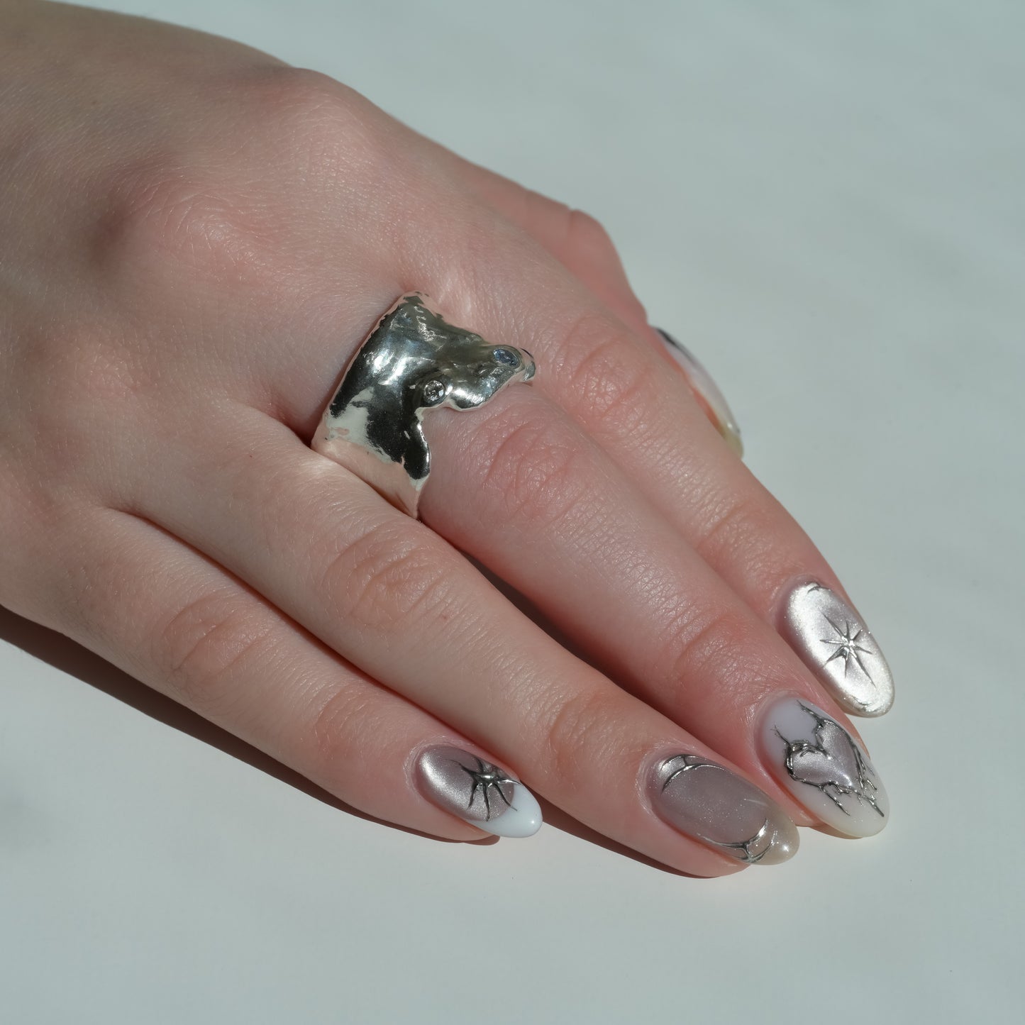 Melted Silver Ring with sapphires and diamond Ocean