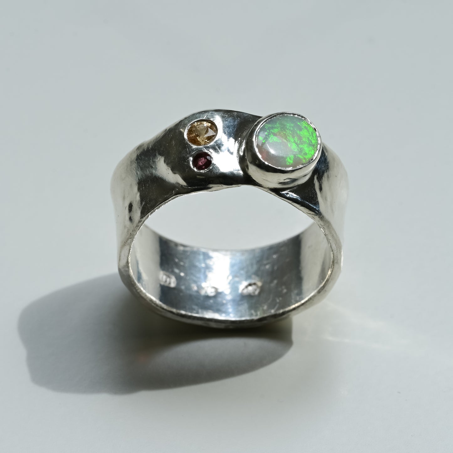 Australian Opal Melted Silver Ring with peach sapphire and tourmaline