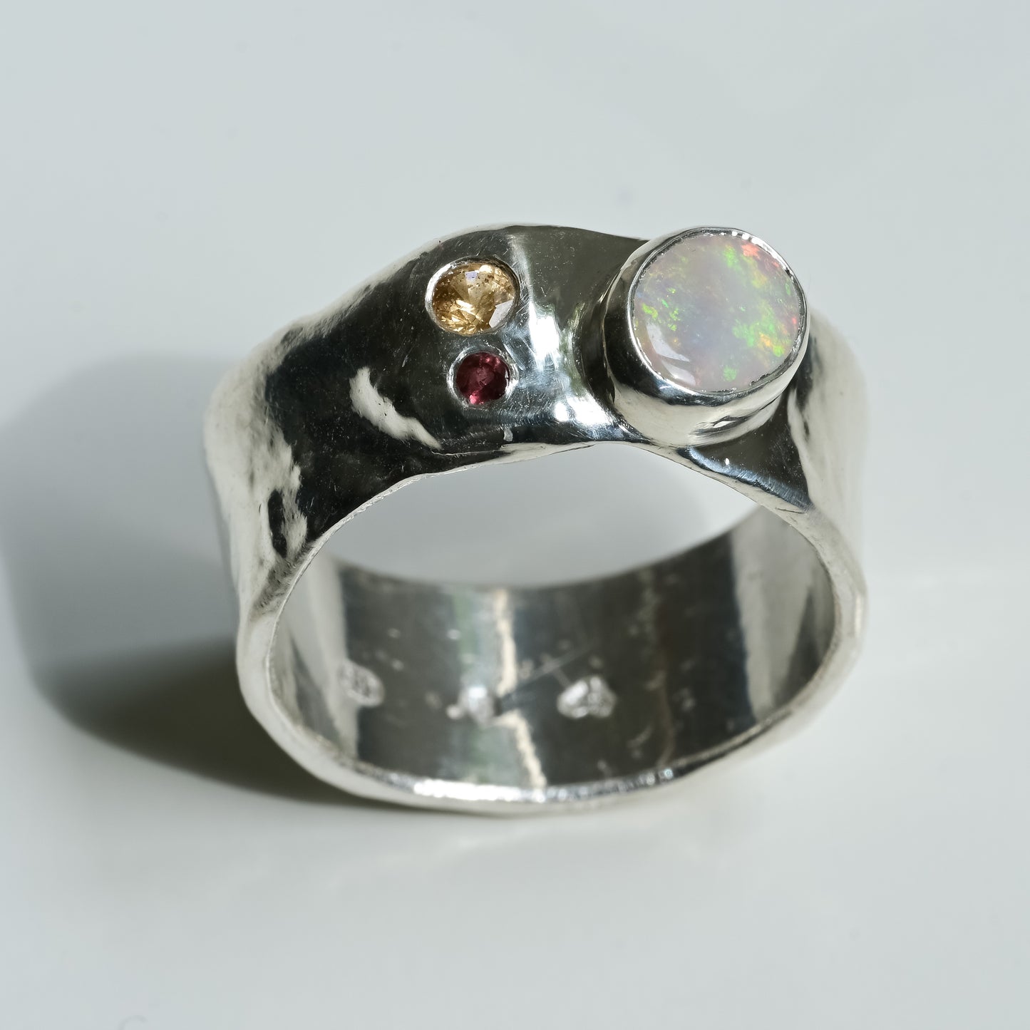 Australian Opal Melted Silver Ring with peach sapphire and tourmaline