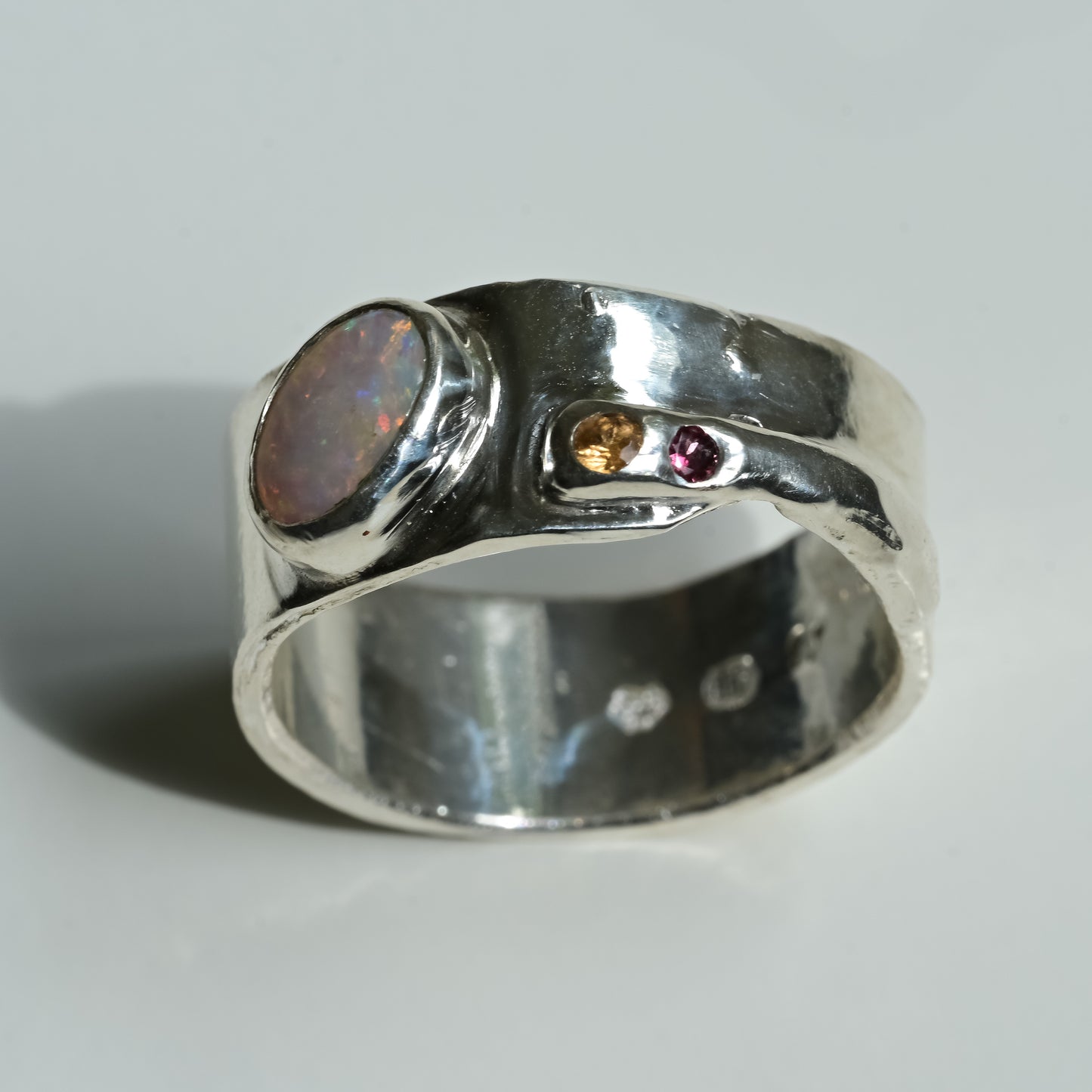 Australian Opal Melted Silver Ring with tourmaline and peach sapphire