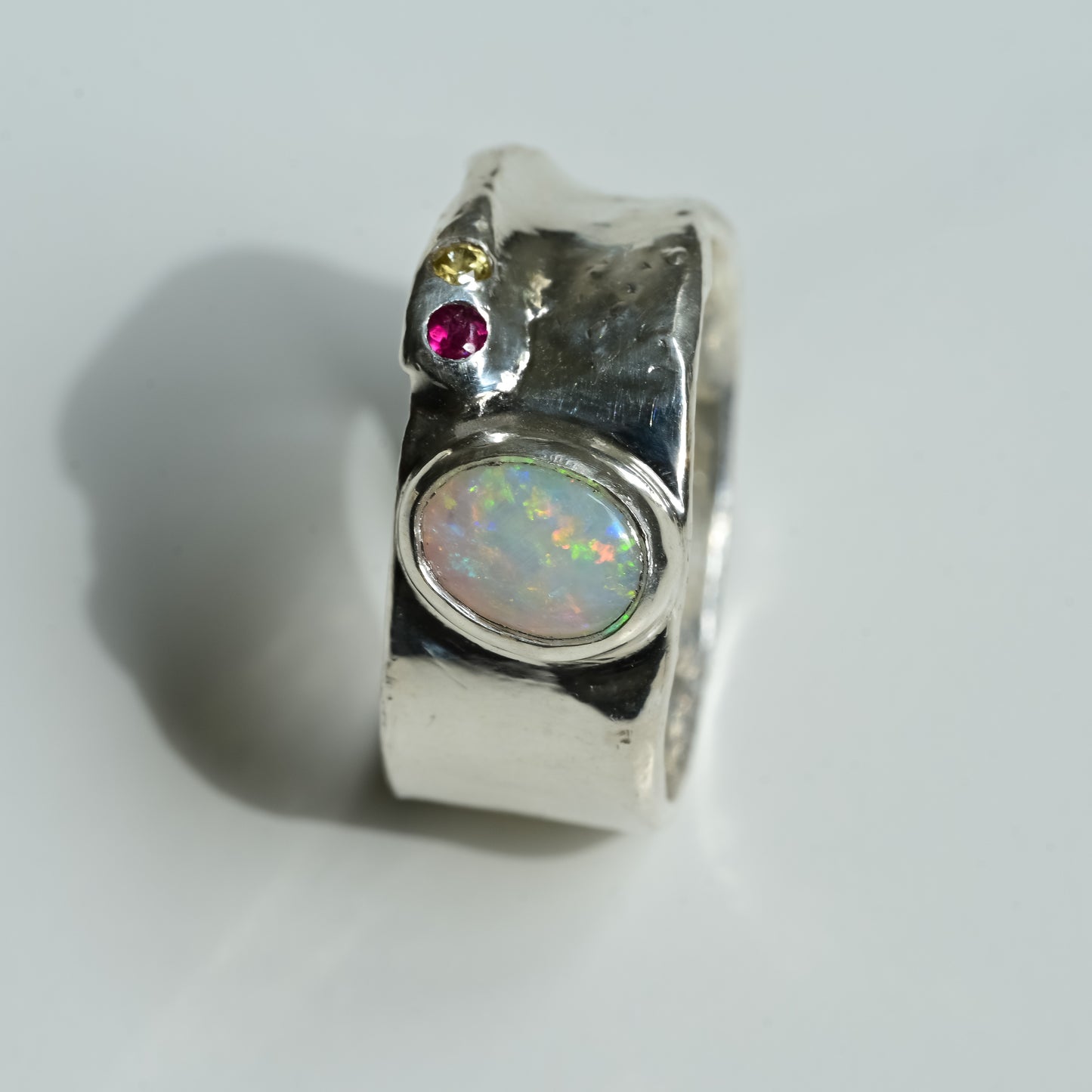 Australian Opal Melted Silver Ring with hot pink tourmaline and sapphire