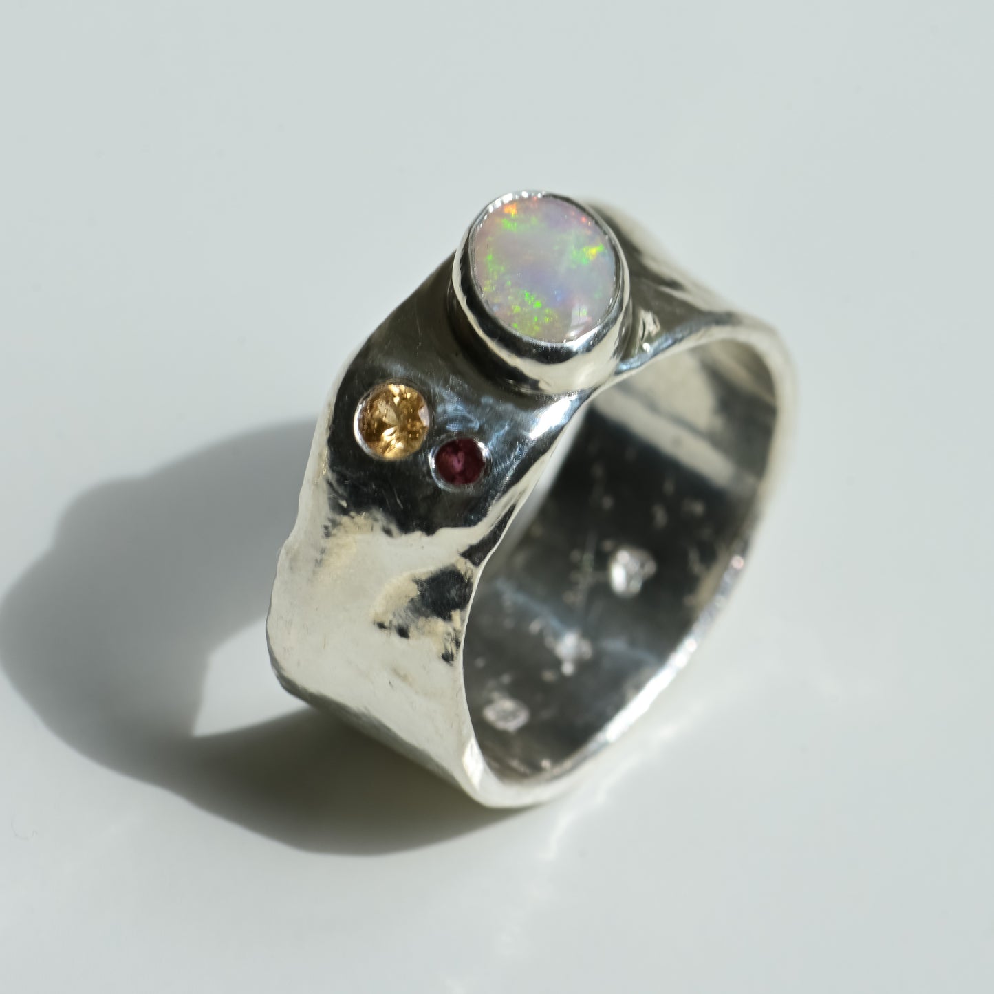 Australian Opal Melted Silver Ring with peach sapphire and tourmaline