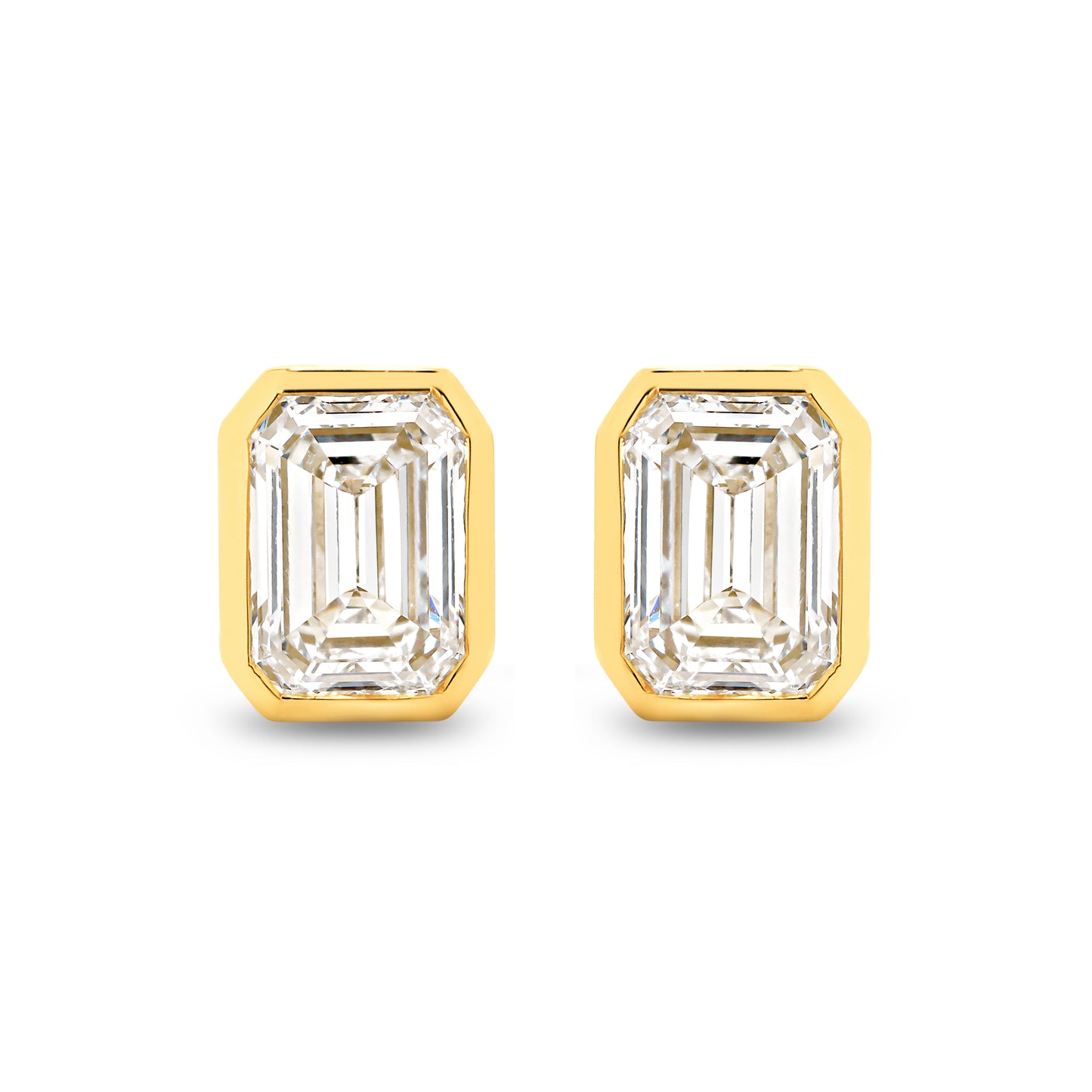 2ct Emerald Bezel Stud Earrings Solid Yellow Gold Lab Grown Diamonds — top view