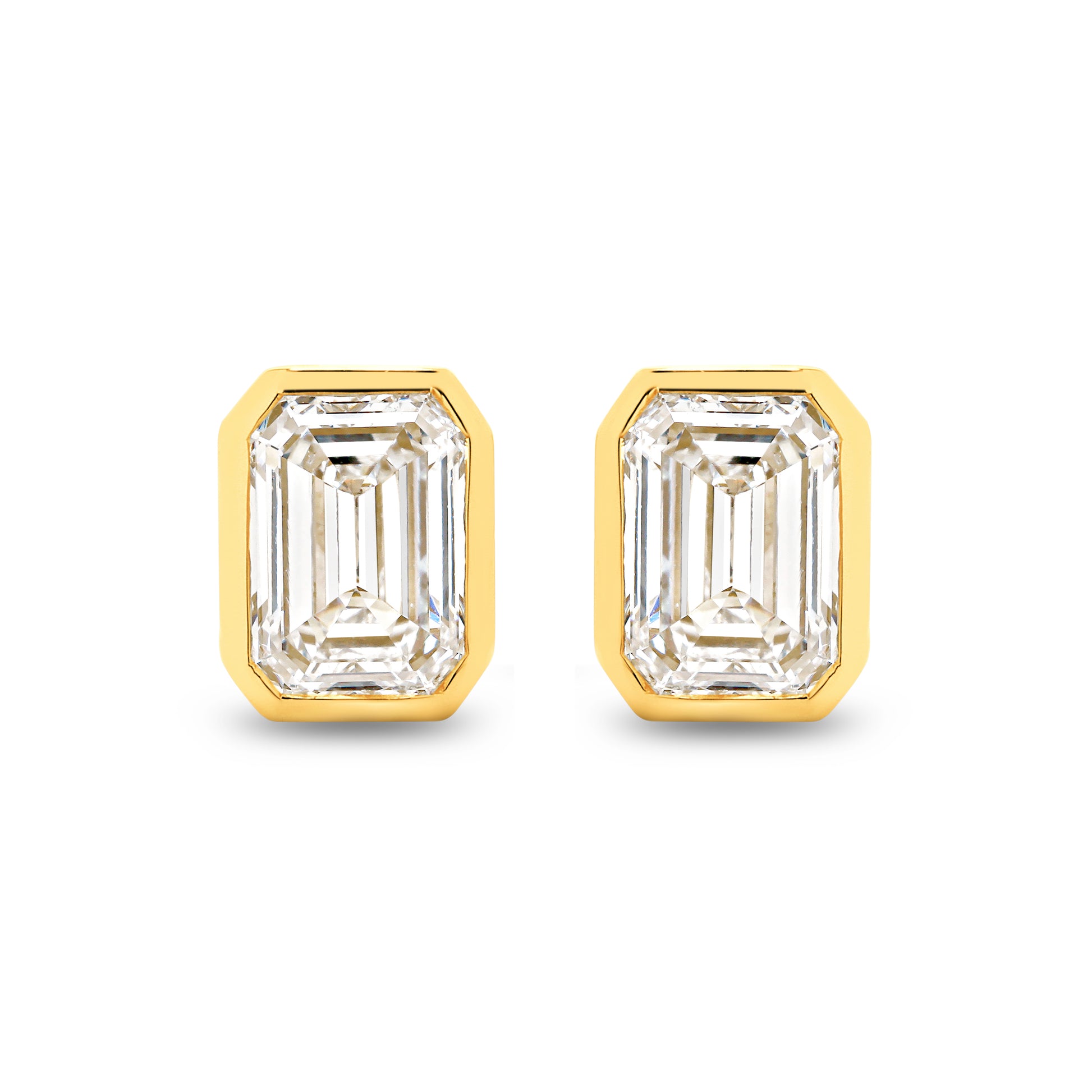 2ct Emerald Bezel Stud Earrings Solid Yellow Gold Lab Grown Diamonds — top view