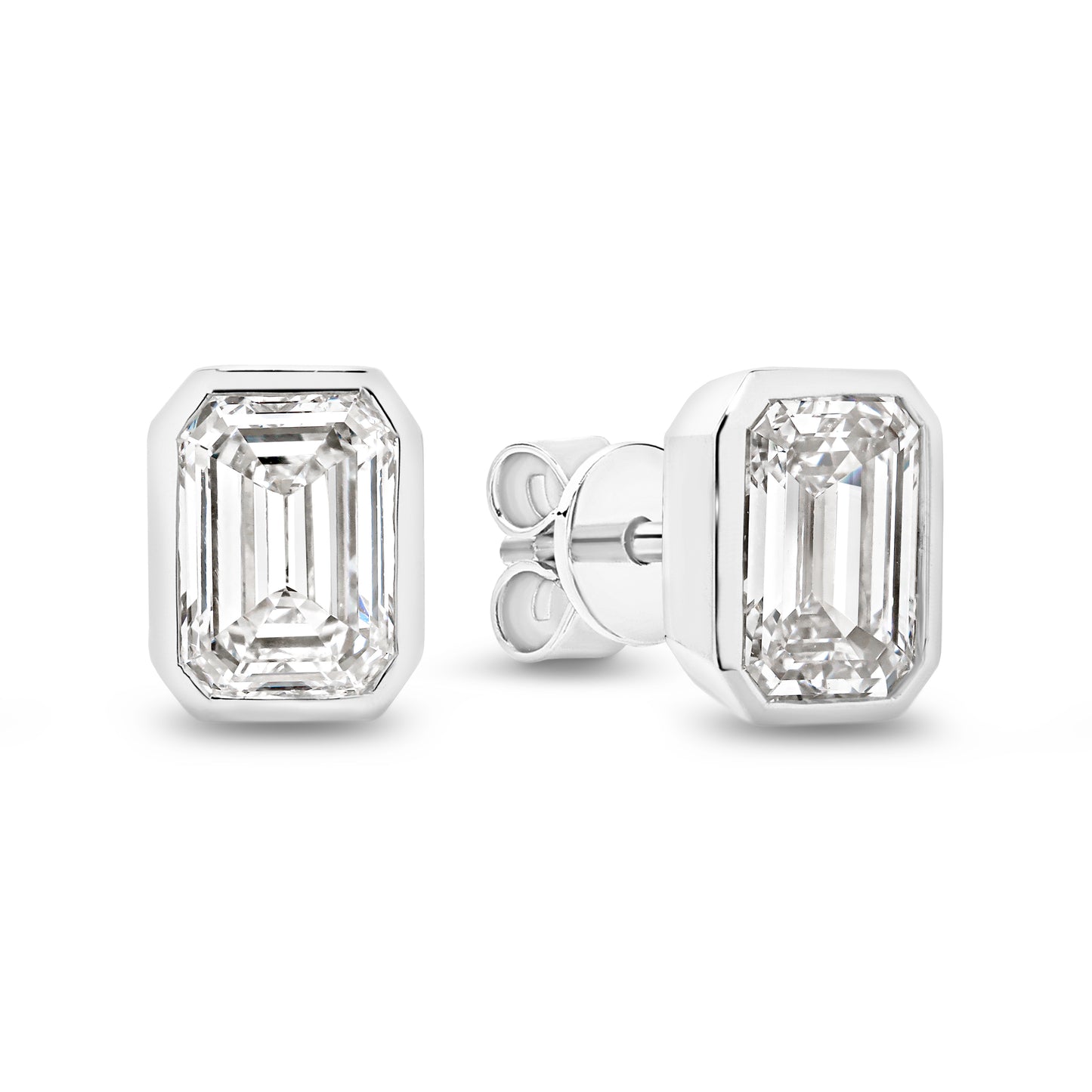 2ct Emerald Bezel Stud Earrings Solid White Gold Lab Grown Diamonds — main view