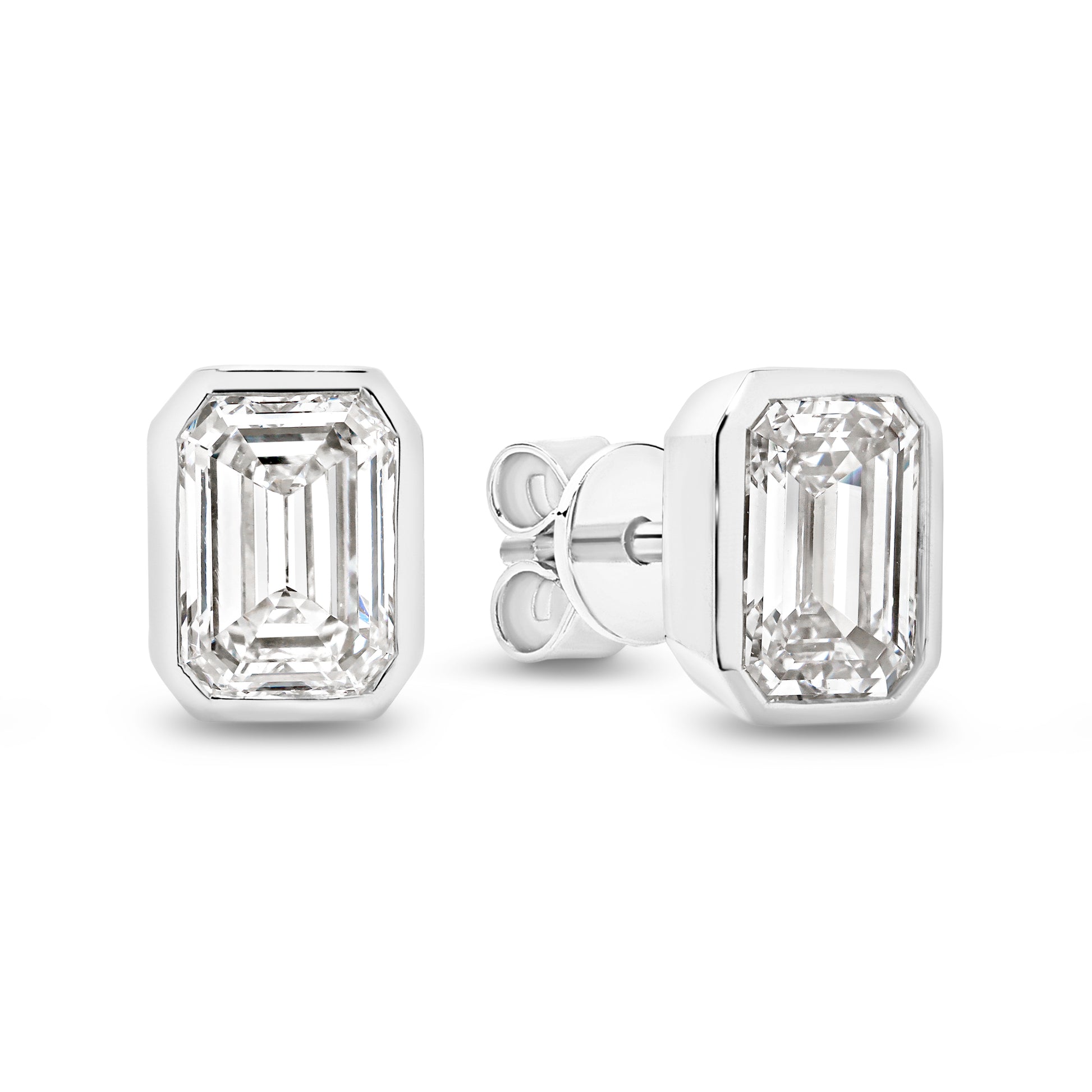 2ct Emerald Bezel Stud Earrings Solid White Gold Lab Grown Diamonds — main view