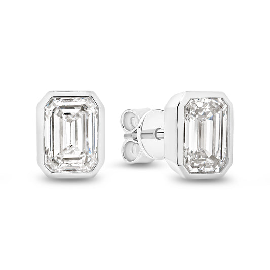 2ct Emerald Bezel Stud Earrings Solid White Gold Lab Grown Diamonds — main view