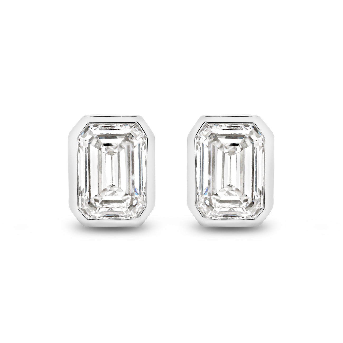 2ct Emerald Bezel Stud Earrings Solid White Gold Lab Grown Diamonds — top view