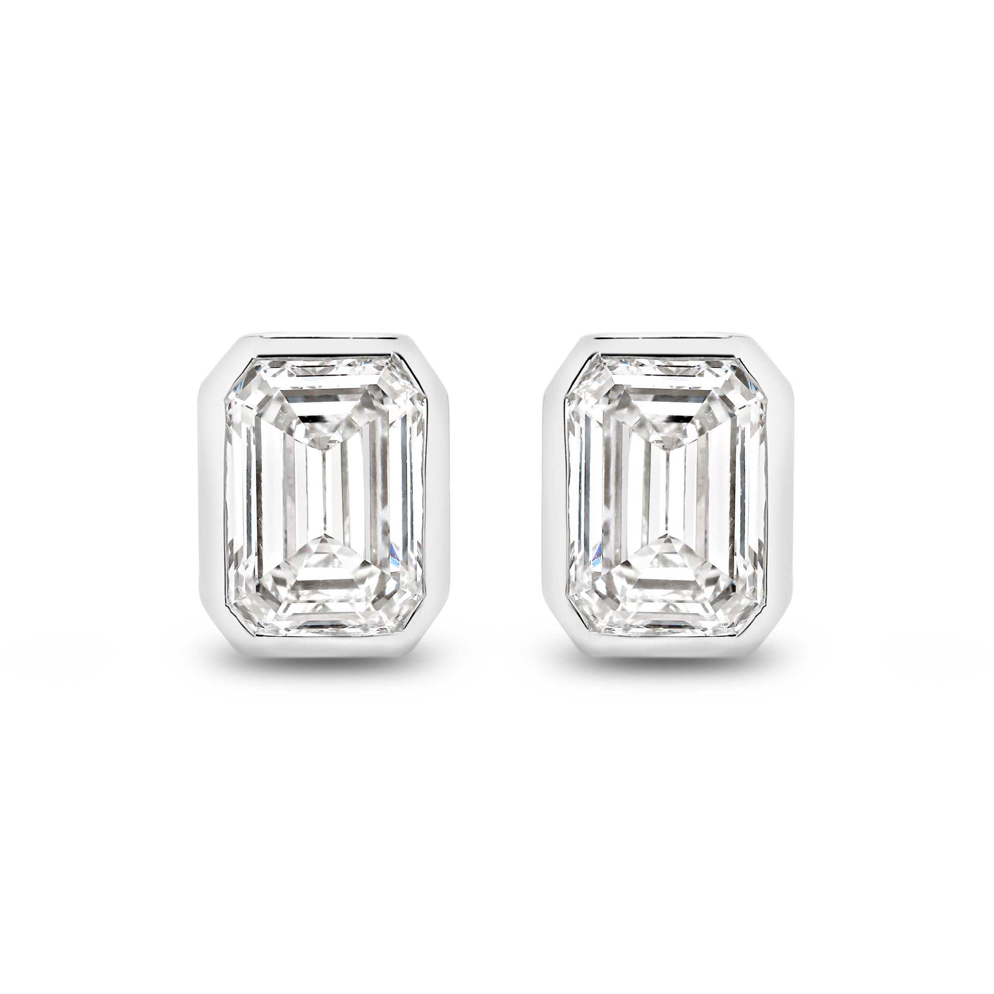 2ct Emerald Bezel Stud Earrings Solid White Gold Lab Grown Diamonds — top view