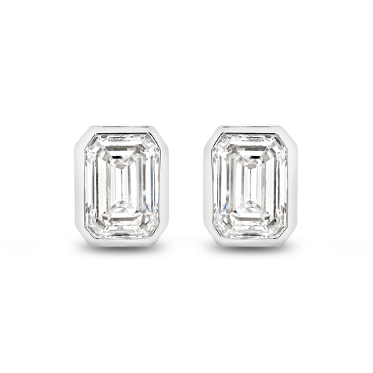 2ct Emerald Bezel Stud Earrings Solid White Gold Lab Grown Diamonds — top view