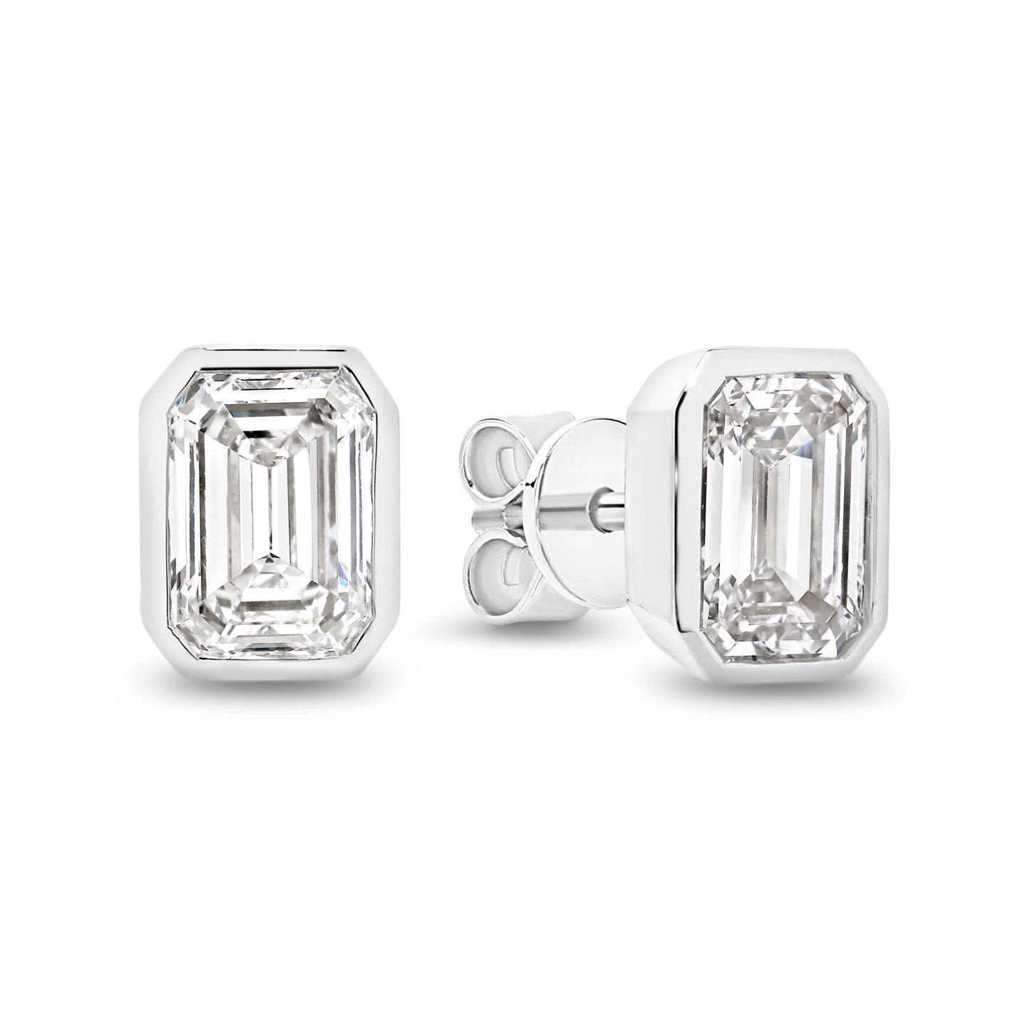2ct Emerald Bezel Stud Earrings Solid White Gold Lab Grown Diamonds — main view
