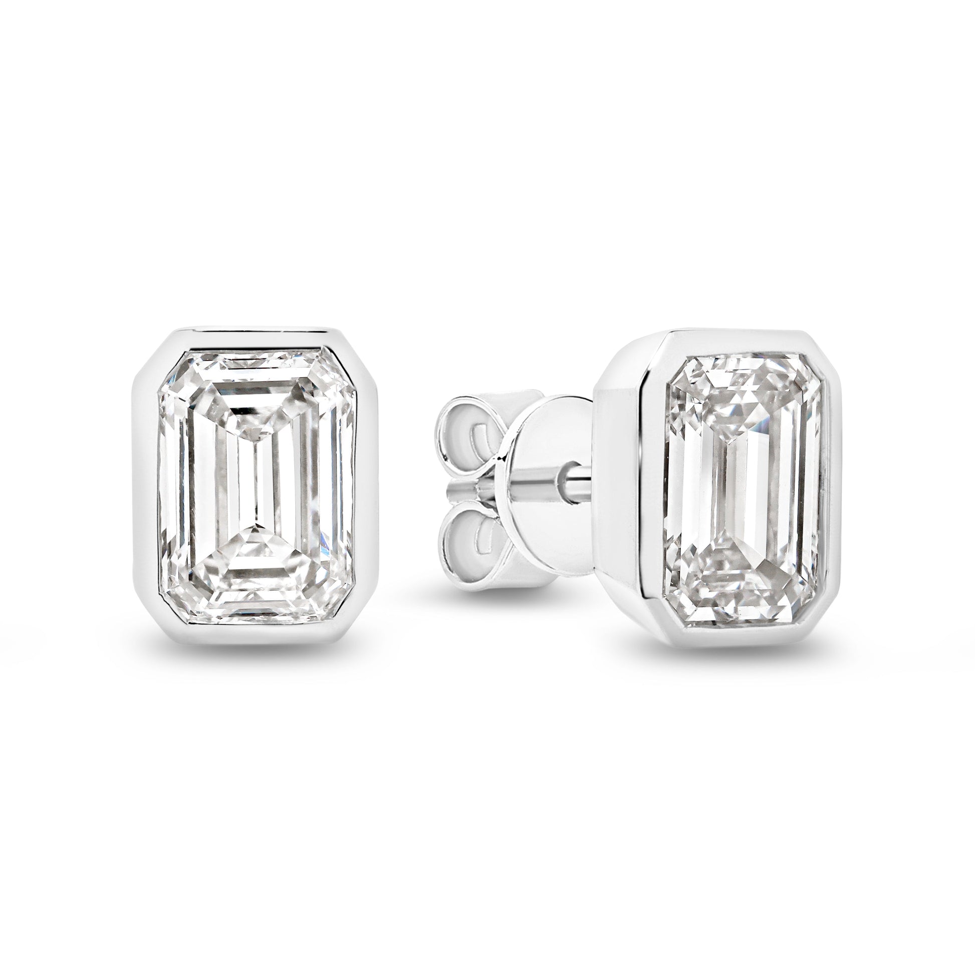 2ct Emerald Bezel Stud Earrings Solid White Gold Lab Grown Diamonds — main view