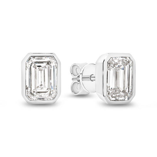 2ct Emerald Bezel Stud Earrings Solid White Gold Lab Grown Diamonds — main view