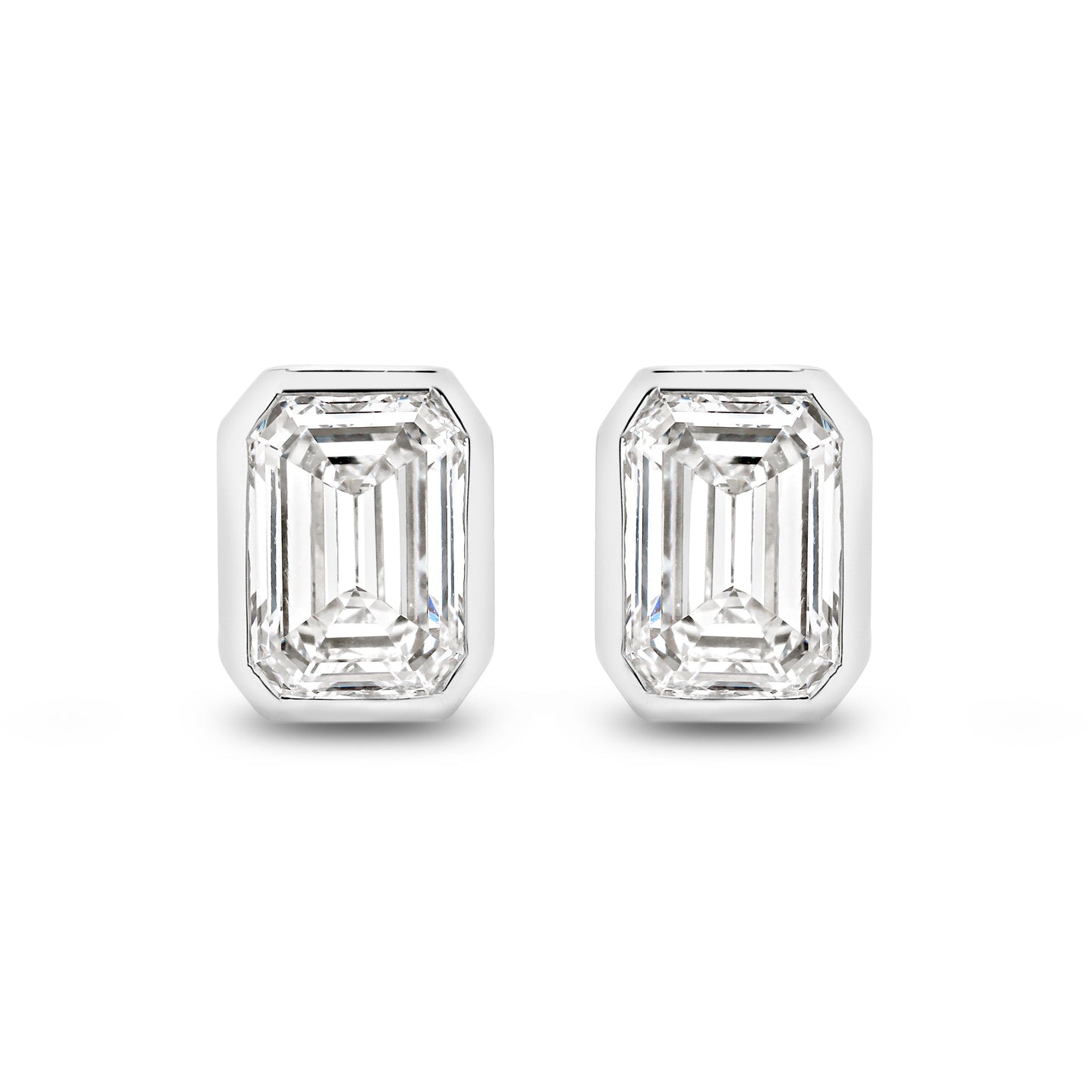 2ct Emerald Bezel Stud Earrings Solid White Gold Lab Grown Diamonds — top view