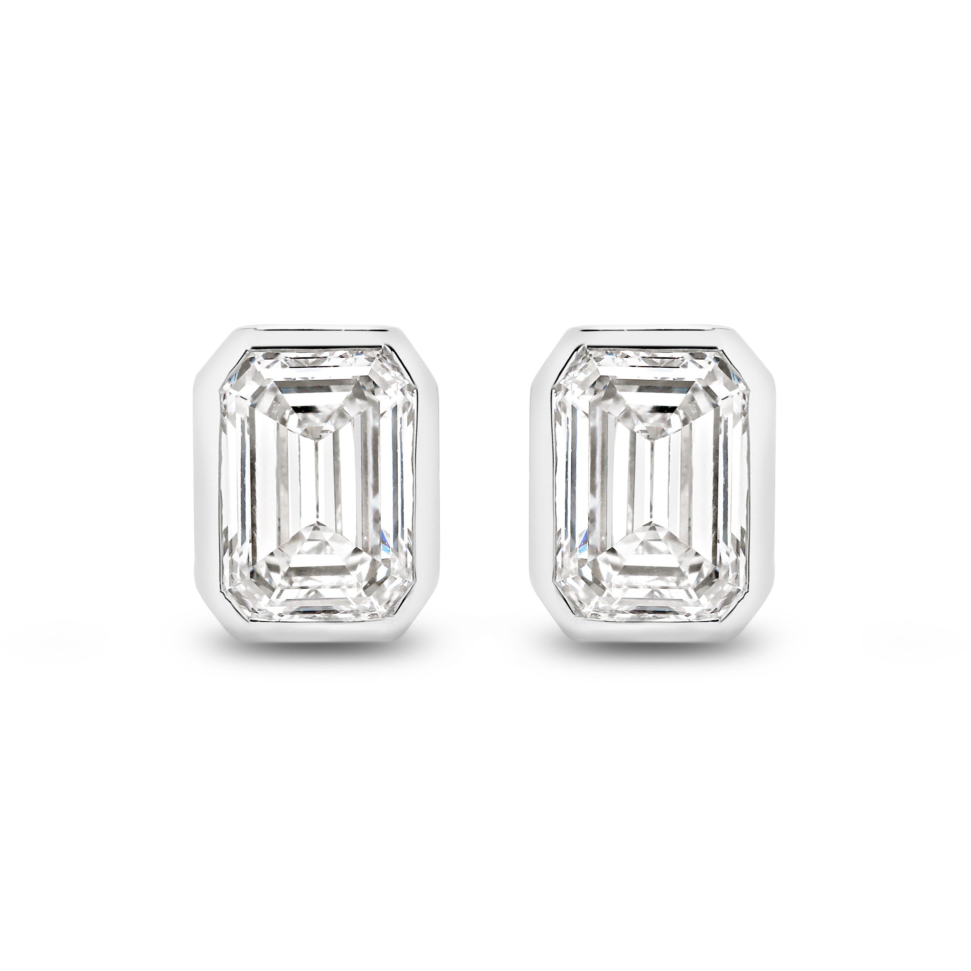 2ct Emerald Bezel Stud Earrings Solid White Gold Lab Grown Diamonds — top view