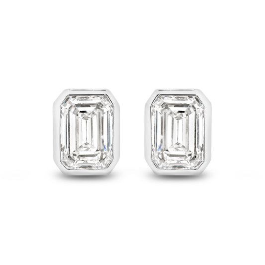 2ct Emerald Bezel Stud Earrings Solid White Gold Lab Grown Diamonds — top view