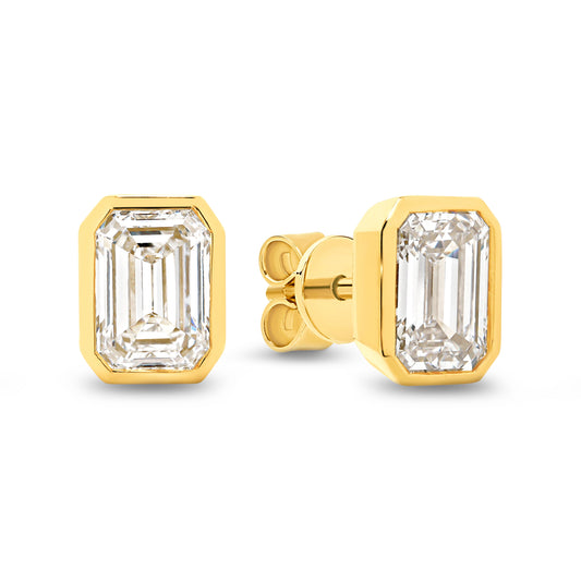2ct Emerald Bezel Stud Earrings Solid Yellow Gold Lab Grown Diamonds — main view